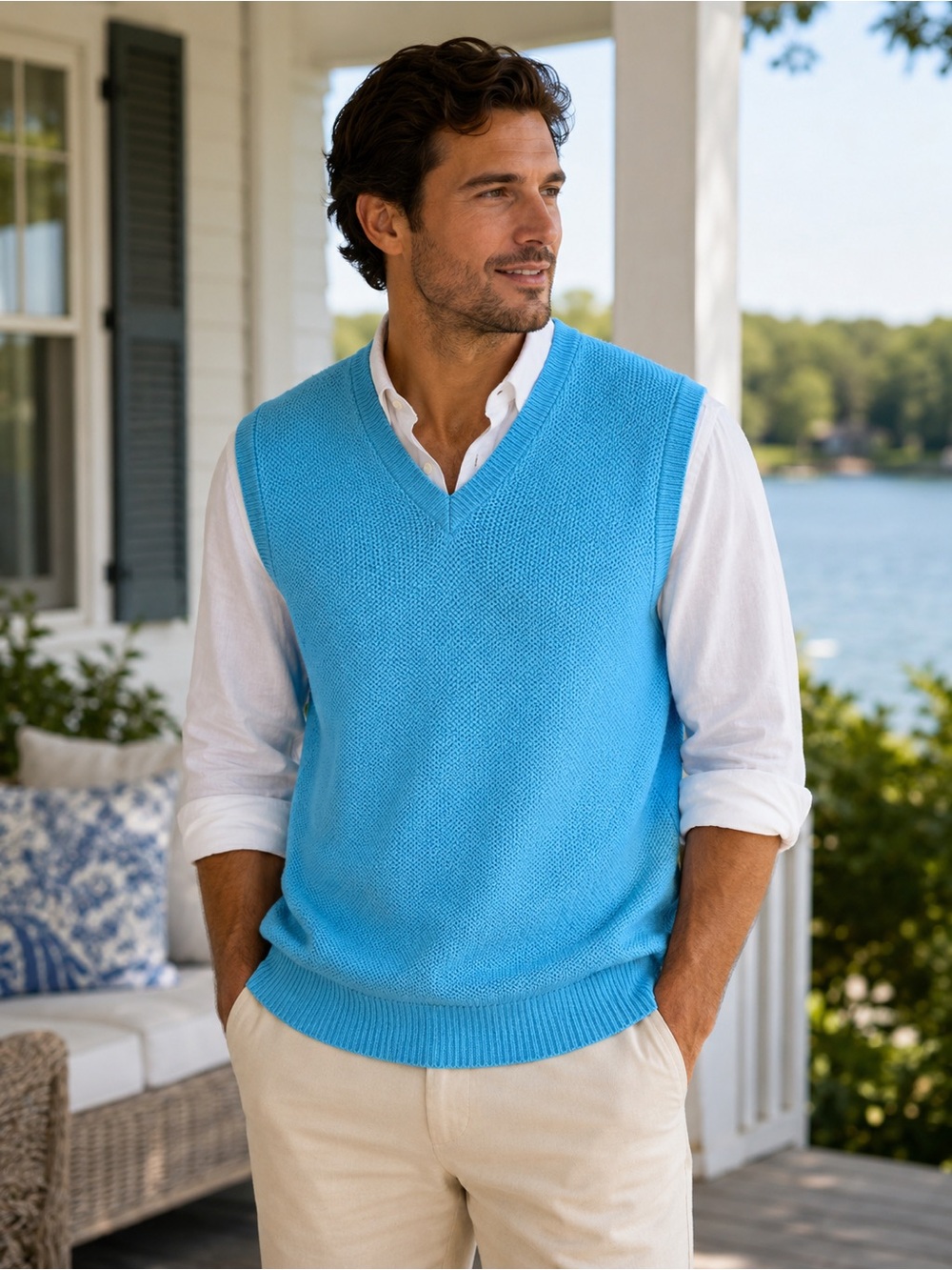 Alan Flusser Men’s Cotton Sweater Vest Large V-Neck Classic Preppy Golf